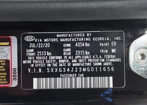 2021 Kia K5 Ex z USA, uszkodzony, nr VIN 5XXG34J23MG011656